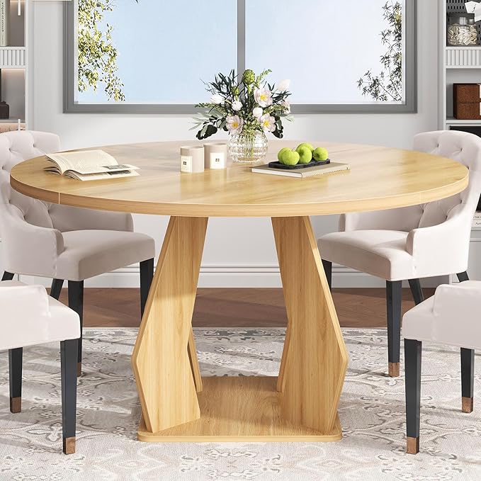 IBF Round Dining Table for 4-6 People,47 Inches Dining Room Table with Wooden Pedestal Base,Circle Dining Room Table for Kitchen,Office,Apartment,Living Room,Oak