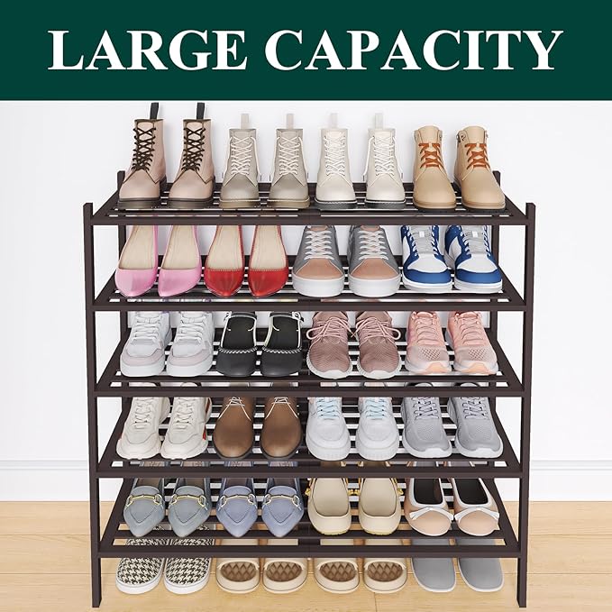 Smiry Long Bamboo Shoe Rack 5-Tier, Stackable Wooden Shoe Organizer for Entryway & Closet, Free Standing Wood Shoe Storage Shelf for Front Door & Small Spaces, Brown