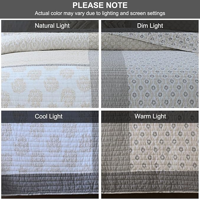 PANGUSHAN Quilt Set Queen Size, 100% Cotton Bedspread Quilt Bedding Set, Floral Patchwork Quilt Set for Queen Bed, Moonbeam Bed Spread, Lightweight Comforter Reversible Quilt, All Season, 3 Pieces