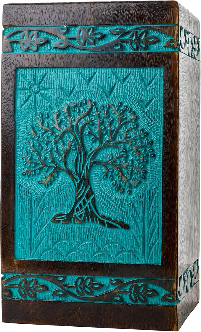 INTAJ Cremation Urn for Human Ashes - Wooden Urn Box for Ashes Handcrafted - Tree of Life Memorial Urn Funeral Cremation Urns (Teal Green, XX-Large (640lbs or 290kg))