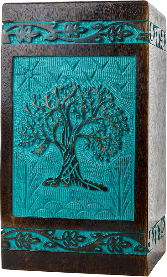 INTAJ Cremation Urn for Human Ashes - Wooden Urn Box for Ashes Handcrafted - Tree of Life Memorial Urn Funeral Cremation Urns (Teal Green, XX-Large (640lbs or 290kg))