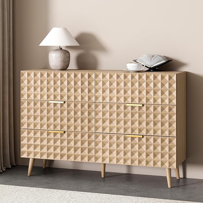 Dresser for Bedroom,Chest of Drawers with Diamond-Shaped 6 Drawer Dresser,Bedroom Dressers TV Stand for Living Room(Natural Oak)