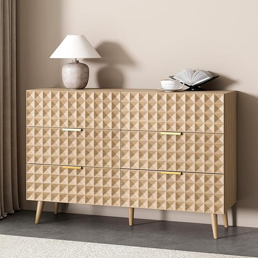 Dresser for Bedroom,Chest of Drawers with Diamond-Shaped 6 Drawer Dresser,Bedroom Dressers TV Stand for Living Room(Natural Oak)