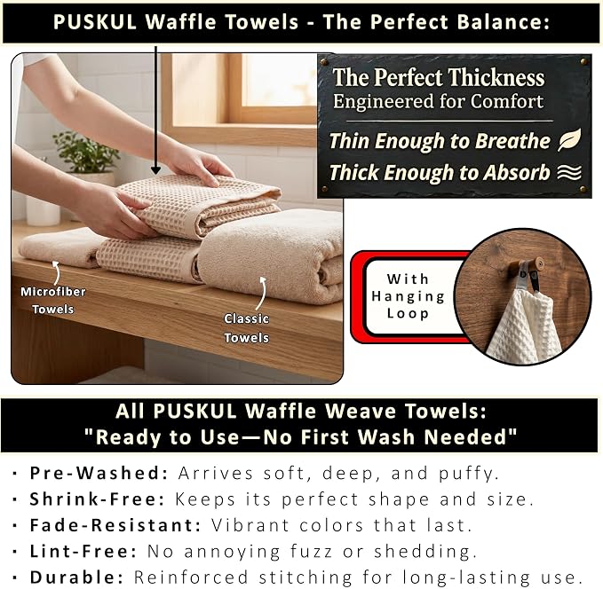 PÜSKÜL Natural 100% Turkish Cotton Waffle Bath Towels Set of 2-Piece | 32x63 inch Extra Large Absorbent Quick-Dry Lightweight Spa Towel | Luxury Sauna Accessories (Beige Bath Towels - Pack of 2)