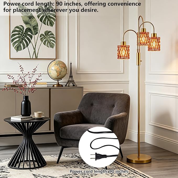 70" Glass Floor Lamp, 3-Light Gold Dimmable Standing Tall Lamp with Deep Red Ribbed Glass Shades &3PCS 3000K Warm White Bulbs, Modern Tree Pole Lamp for Living Room Bedroom Home Decor