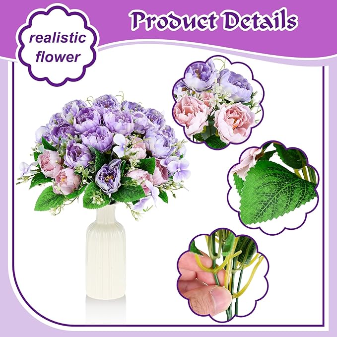 Olgaa 12 Bundles Peonies Artificial Flowers Fake Peony Bouquet Faux Peonies Flowers Bulk with Stems Flower Balls for Centerpiece Table Decorations Wedding Bridal Floral Arrangement (Purple)