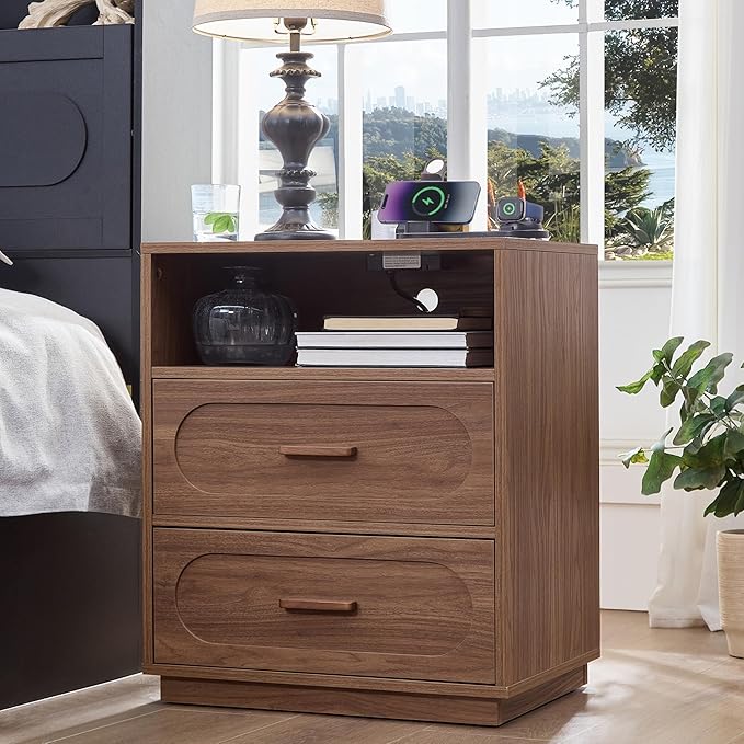 Walnut Nightstand with Charging Station, Modern End Table with 2 Drawers Storage, Space-Saving Wood Storage Cabinet with Unique Base Design, Bedside Table for Bedroom, Living Room