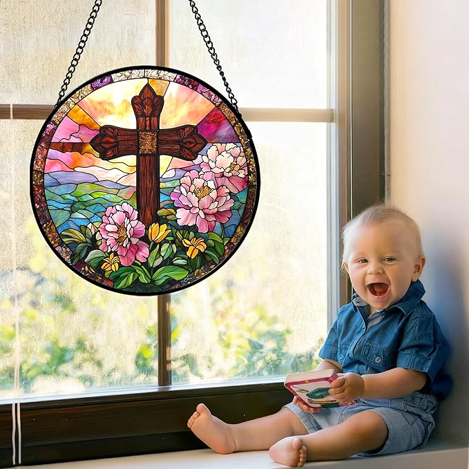 Christian Gifts for Women - Cross Stained Glass Window Hanging Jesus Easter Pink Flower Peony Sun Catcher Garden Religion Decor Mother's Day Catholic Gift for Men Grandma Mom Her Nana 7.8"