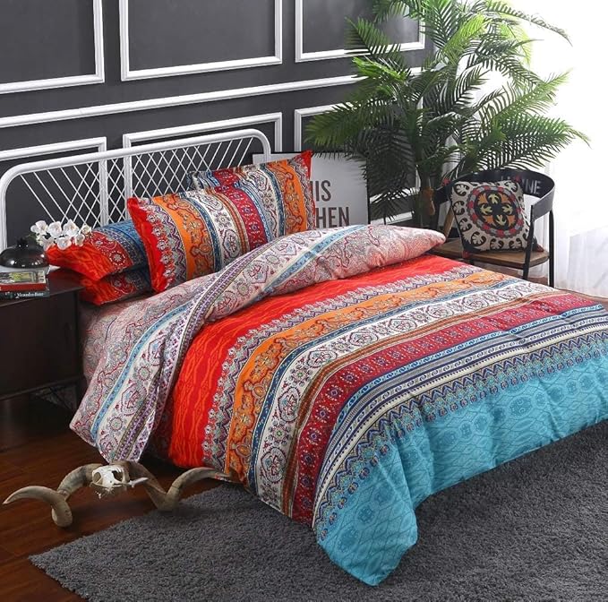 Bohemian Queen Comforter Set Soft Chic 3 Pieces Bedding Boho Queen Comforter Set Lightweight Exotic Red Teal Boho Mandala Colorful Vintage Comforter Bed Set for All Seasons (Queen)
