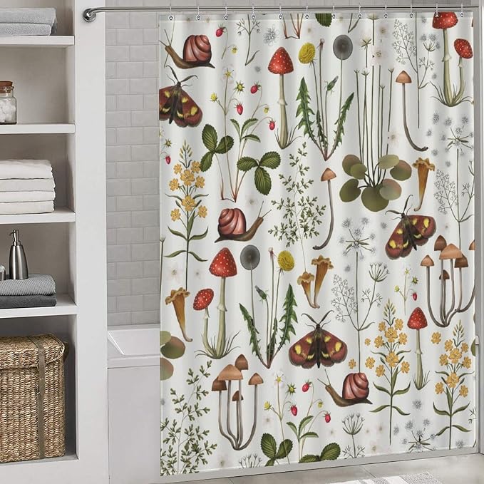 Mushroom Shower Curtain for Bathroom, Farmhouse Country Wild Floral Moth Botanical Mushroom Cottagecore Nature Plants Herbs Waterproof Fabric Shower Curtain Set with Hooks, 72"x78" Inch