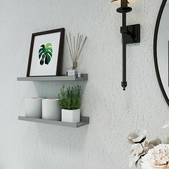 Floating Shelves for Wall Decor, Wall Mounted Wood Storage Shelf for Bedroom, Living Room, Bathroom, Kitchen, Nursery, Display Picture Ledge Shelf with Lip Set of 2-16 Inches, Grey