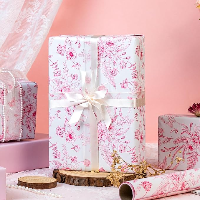 Yarcony Pink Floral Gift Wrapping Paper Roll, Bridal Shower Wrapping Paper, Vintage Toile Pink Floral Gift Wrap for Girl Birthday,Wedding, Mother's Day,Valentine's Day,Baby Shower (17 In X 16.5 Ft)