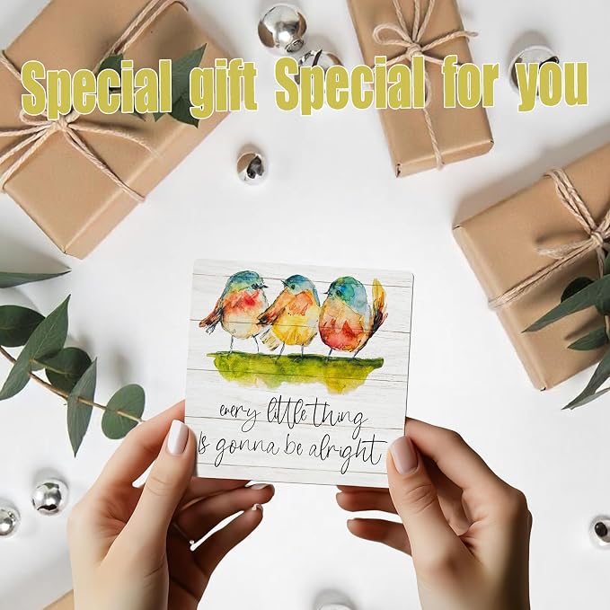 Uplifting Inspirational Gifts - Watercolor Birds Wooden Sign - Every Little Thing Is Gonna Be Alright - Rustic Farmhouse Decor for Shelf, Desk, Tabletop, 5x5 Inches -K17