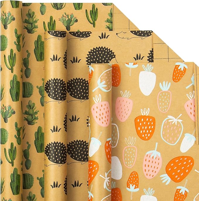 MAYPLUSS Kraft Wrapping Paper Roll - 3 Mini Roll - 17" X 120" Per roll - Fruit/Cactus/Hedgehogs Design (42.3 sq.ft.ttl)