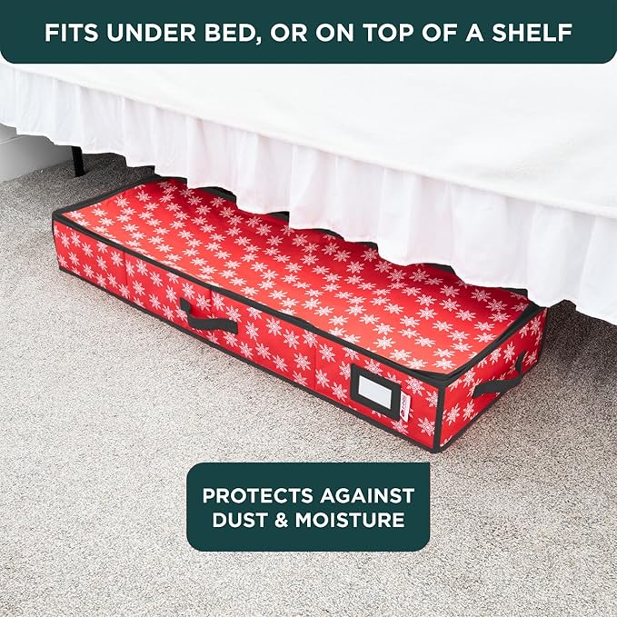 HOLDN' STORAGE Premium Wrapping Paper Storage Container - Durable 600D Tear-Proof, Fits 27 Rolls Gift Wrap, Extra Pockets for Ribbons & Bows, Underbed Storage - Ideal for Holiday Christmas, Red/White Snowflakes
