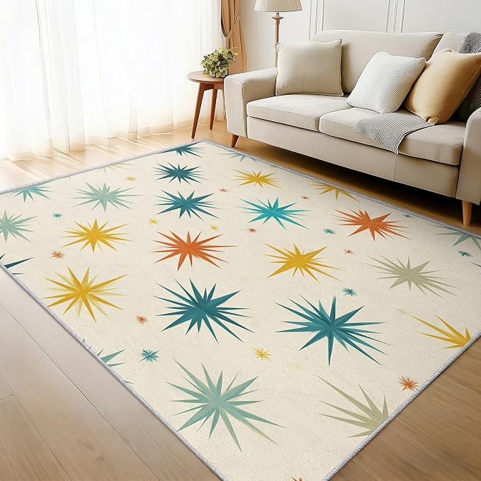 Mid Century Modern Rugs for Living Room Decor, 4x5 ft, Retro Starburst Atomic Area Rugs for Bedroom, Soft Non Slip Washable Geometric Sunburst Carpet Home Decorations D-g48