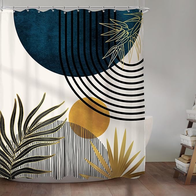 KOMLLEX Mid Century Blue Boho Shower Curtain 60Wx72L Inches Abstract Modern Blue Shower Curtains for Bathroom Decor Plant Botanical Minimalist Arch Sun Fabric Liner Waterproof Polyester 12 Pack Hooks