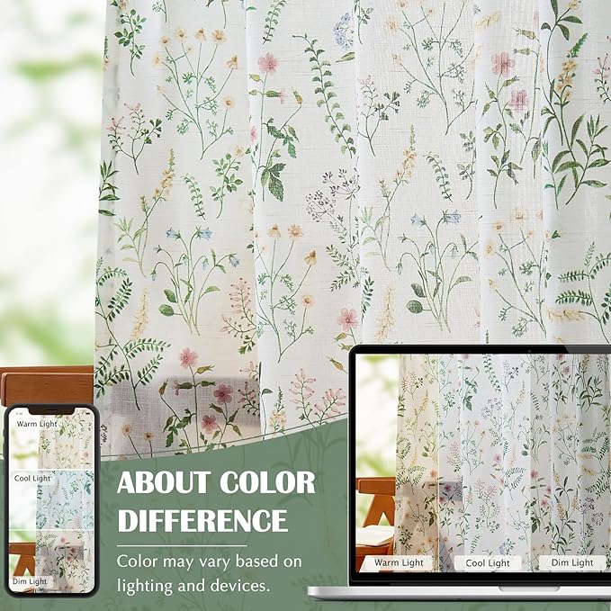 jinchan Floral Linen Blend Curtains for Living Room 96 Inch Length French Country Farmhouse Printed Curtains Sage Green on White Rod Pocket Back Tab Light Filtering Window Drapes 2 Panels