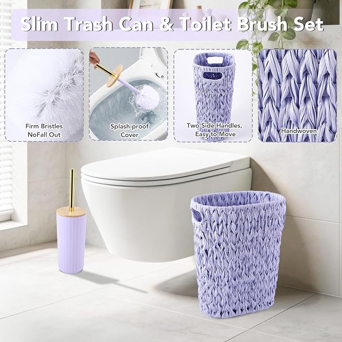 Bathroom Accessories Set, 25PCS Wicker Bathroom Accessory Set with Shower Curtain, Bath Mat, Soap Dispenser, Handwoven Trash Can & Rattan Tissue Box (Purple, Bath Set+Shower Curtain+Rugs)