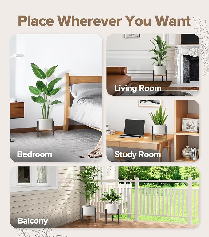 Plant Stand Indoor Adjustable with Walnut Wood Tray, Metal Modern Indoor Plant Stand, Heavy Duty Plant Stands Outdoor Corner, Stable Plant Holder, Fits 8 to 12 Inches Pots, Black, 1 Pack