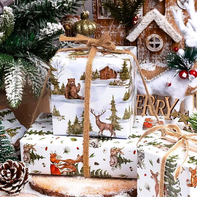 MAYPLUSS Christmas Wrapping Paper - 17" X 120" Per Roll - Vintage Watercolor Christmas Cottage, Wild Deer & Happy Polar Bears Gift Wrap Paper Winter Forest Landscape Design for Holiday