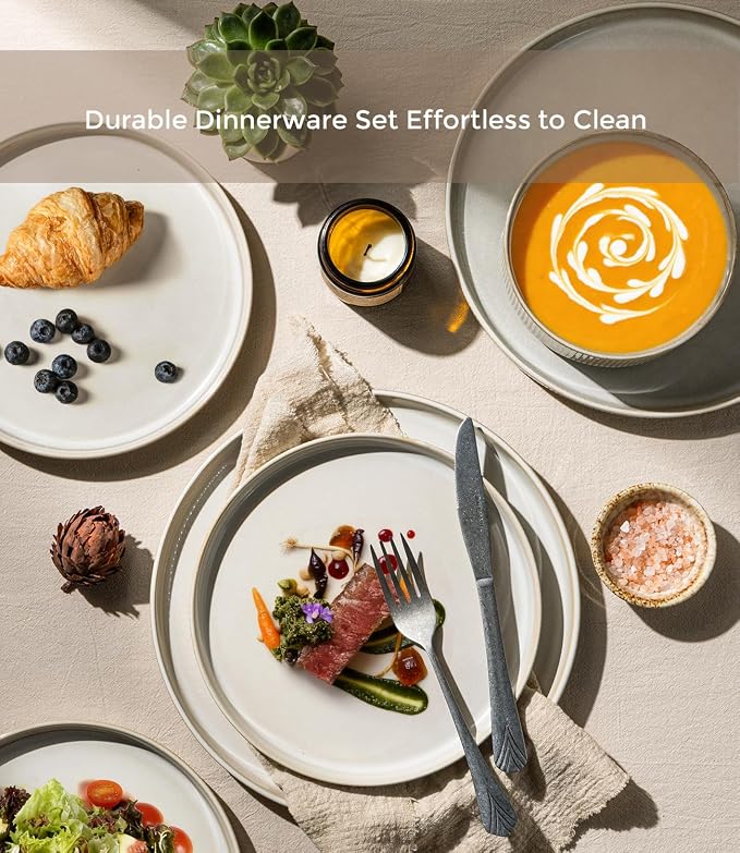 GBHOME 12-Piece Stoneware Dinnerware Set for 4 – Ribbed Ceramic Plates and Bowls, Scratch-Resistant, Microwave & Dishwasher Safe, Reactive Glaze, Oatmeal Veil