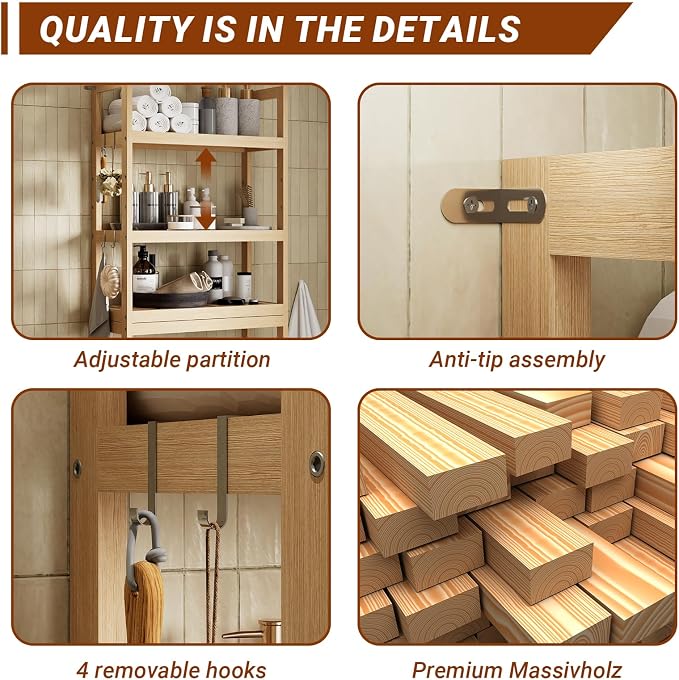 Over the Toilet Shelf, 3-Tier Over Toilet Storage Cabinet with Adjustable Shelves and 4 Hooks, Freestanding Wood Bathroom Organizer Space Saver for Small Bathrooms, Oak