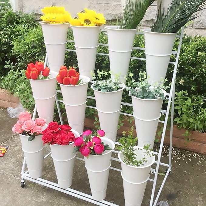 Flower Display Stand, 3 Layers Heavy Duty Moving Plant Cart Shelf With Wheels and Bucket, Wrought Iron Florist Shelf, for Patio Garden, Florist, Outdoor Flower Pop-Up Events (White Iron Frame)