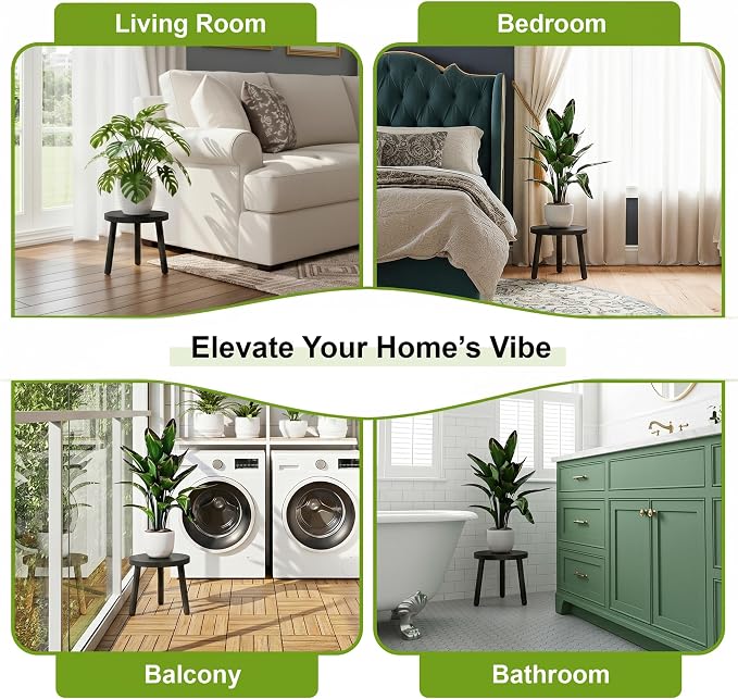 Delma Wood Plant Stands Indoor, 5-Pack Single Plant Stand for 6-12 Inch Pots, Mid-Century Modern Plant Stool, Tall Plant Stand for Large Plants for Living Room, Balcony, Office (Black, 5-Pack)