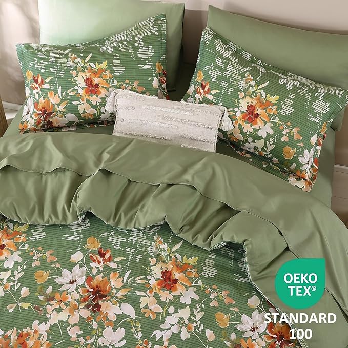 Dobuyly Queen Comforter Set, 7 Pieces Green Floral Comforter Set, Bed in a Bag Queen with Botanical Flowers Pattern, All Season Farmhouse Queen Size Bedding Set with Sheets, Pillowcases & Shams