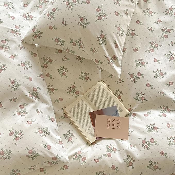 AOJIM Kids Adults Aesthetic Duvet Cover Set for Room Decor, Pure Cotton Comforter Cover Set 3pcs with Red Floral Pattern, 1 Super Soft Quilt Cover Queen Size and 2 Matching Pillowcases, No Comforter