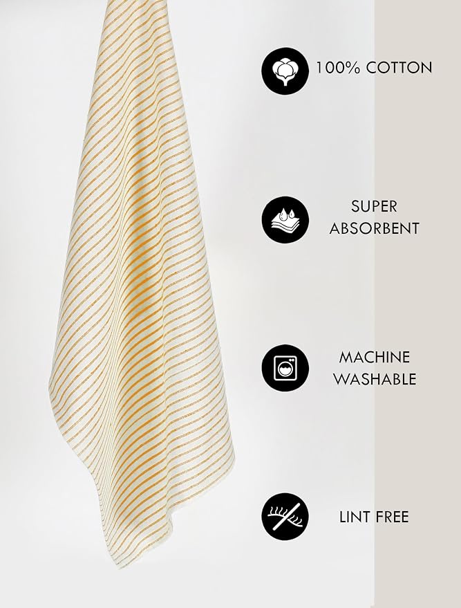 TWINY threads Set of 4 Vintage Stripe Kitchen Towels (18x26 Inches) Premium Tea Towels with Hanging Loop, Highly Absorbent 100% Cotton Bulk Kitchen Hand Towels for Drying Cleaning - Mustard Yellow