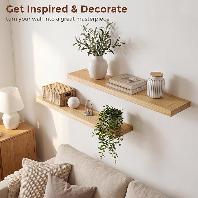 fuqing 40 Inch Floating Shelves | 6.7 Inch Deep Natural Wood Shelves Set of 2 | 40''W x 6.7''D x 1.4''H Natural Wood Floating Shelves for Living Room Bathroom Bedroom Kitchen Home Office