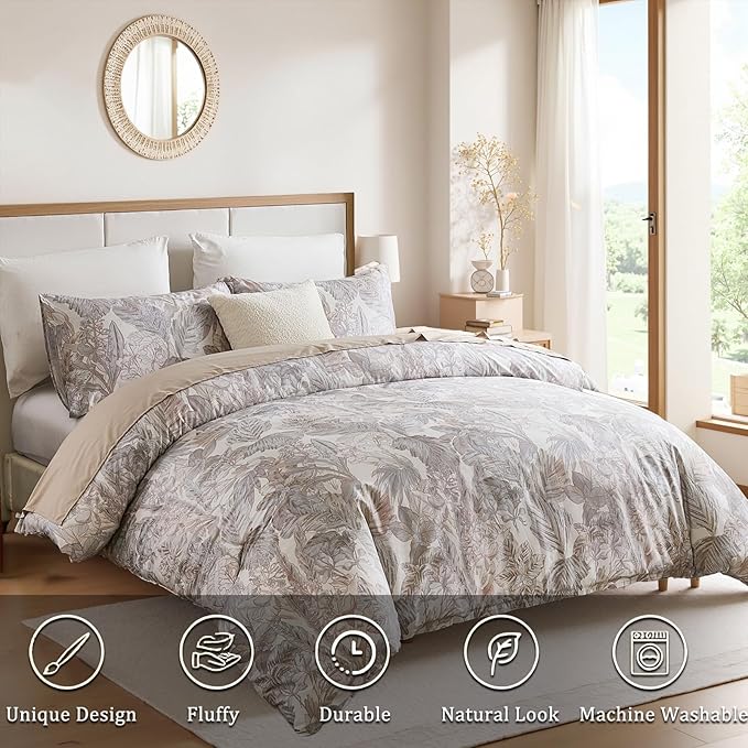 100% Cotton Duvet Cover King Size – Elegant Vintage Botanical Bedding Set with Zipper Closure, 3 Pieces Soft Breathable Neutral Floral Print Comforter Cover with 2 Pillowcases