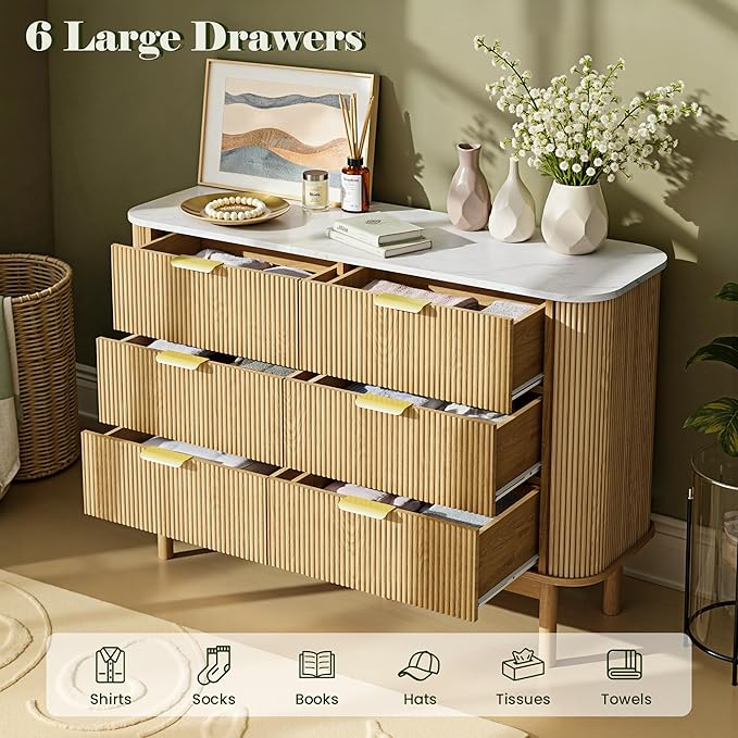 Fluted 6 Drawer Dresser for Bedroom, 47" Wide Chest of Drawers with Faux Marble Top & Curved Profile Design, Modern Dresser TV Stand, Wood Drawer Storage Organizer for Living Room, Natural