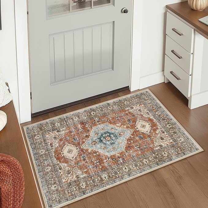 Lahome Oriental Small Rugs for Entryway, 2x3 Rug Non Slip Washable Fall Door Mat Indoor Entrance Ultra-Thin Vintage Soft Carpet for Kitchen Bedroom Front Door Bathroom, Orange/Multi