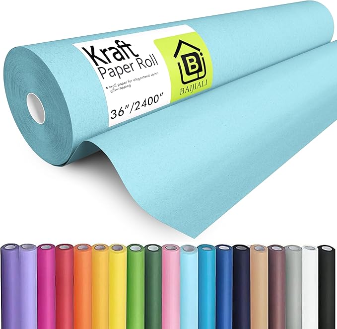 BAIJIALI 36" x 2,400" (200') Kraft Paper Roll for Craft Bulletin Board Paper Art Table Covering Crafting Gift Wrapping Bouquet Packing Parcel (Light Blue, 36" x200')