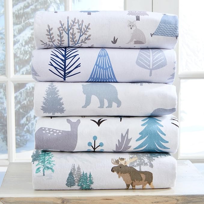 Market & Place 100% Turkish Cotton Flannel Sheet Set | 4 Piece Deep Pocket Novelty Cozy Winter Bed Sheets | Double Brushed for Extra Softness & Comfort | Alpine Collection (King, Moose)