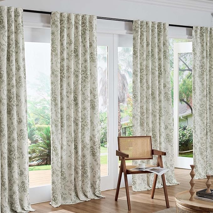 jinachan Blackout Curtains Linen Blend Floral Curtain for Living Room 84 Inch Length Christmas Sage Green Flower Printed with Lined Blackout Drapes for Bedroom Farmhouse Curtains Set 2 Panels
