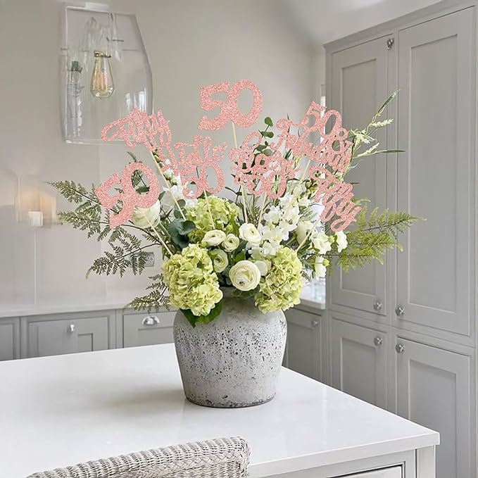 Gyufise 15Pcs 50th Birthday Centerpiece Sticks Fifty Happy 50th Table Flower Centerpieces Sticks Cheers to 50 Floral Decorations for 50th Birthday Party Centerpieces Supplies Rose Gold