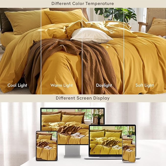 MooMee Bedding Duvet Cover Set 100% Washed Cotton Linen Like Textured Breathable Durable Soft Comfy (Solid Yellow, Twin 68"x90")
