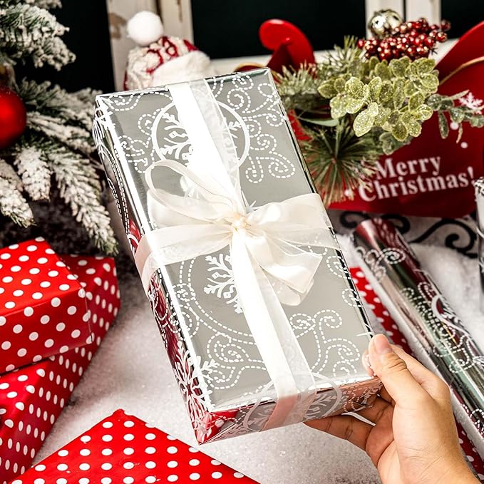 MAYPLUSS Christmas Wrapping Paper Roll - 17IN X 33FT - Silver Gift Wrapping Paper Featuring Snowflake Against Silver Reversible Polka Dot for Kids, Holiday, New Year