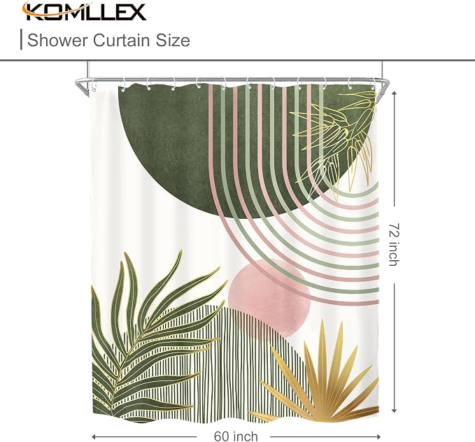 KOMLLEX Mid Century Sage Green Pink Boho Shower Curtain 60Wx72L Inches Abstract Modern Shower Curtains for Bathroom Plant Botanical Minimalist Arch Sun Fabric Liner Waterproof Polyester 12 Pack Hooks