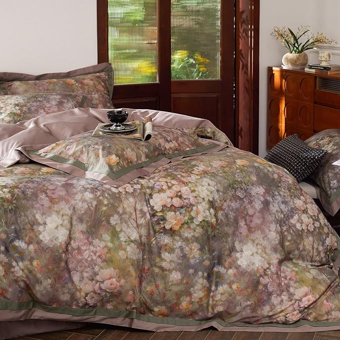 VM VOUGEMARKET Garden Flower Duvet Cover Set Queen,3 Pieces Pink Floral Duvet Cover with 2 Pillow Shams Smooth Silky Long Staple Cotton Bedding Set-Queen,90x90 Inch