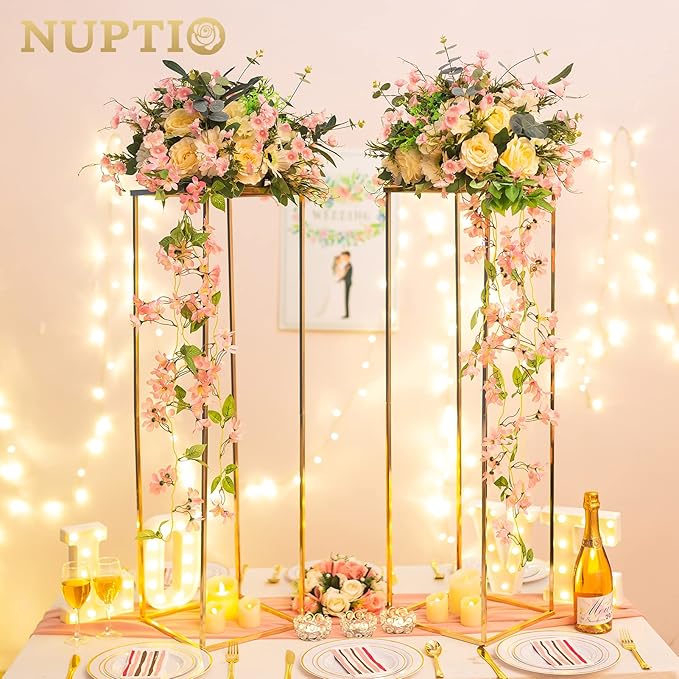 NUPTIO Gold Vases for Centerpieces Wedding - 2 Pcs 39.4 inch Tall Metal Flower Vase Flowers Stand for Party Tables Decorations - Elegant Bulk Weddings Decoration Table Geometric Centerpiece Stand