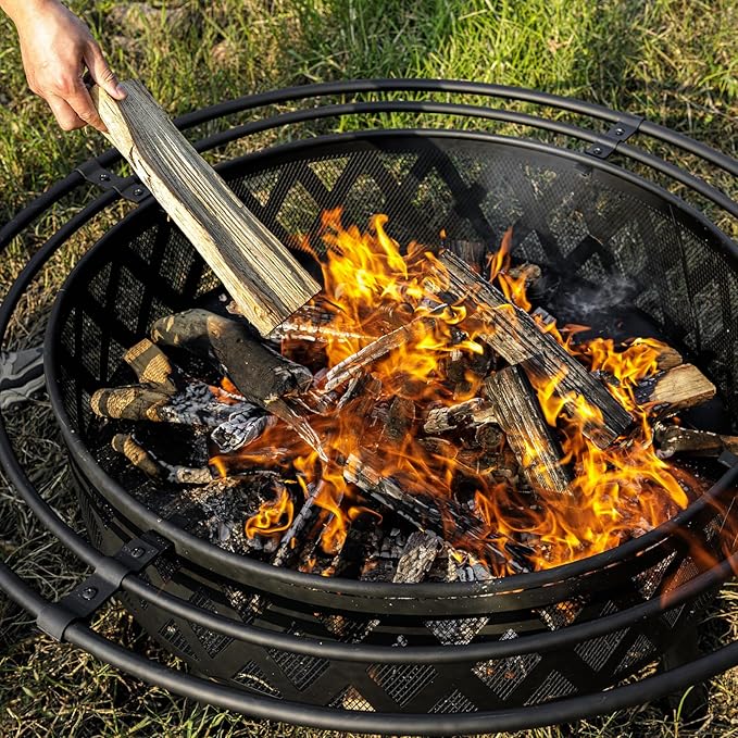 EcoNook 42 Inch Wood Burning Fire Pit with 2 Loops, Outdoor Fire Pit with Spark Screen & Fire Poker, Cross Weave Firepit for Outside Fireplace Bonfire for Yard,Patio, Garden