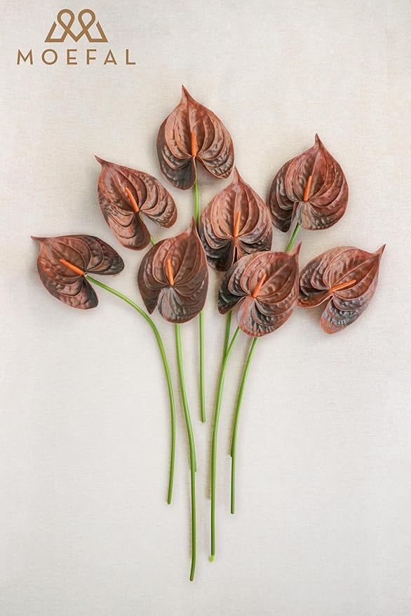 Real Touch Anthurium Artificial Flowers, 8pcs Brown Faux Tropical Flowers with Stems for Boho Wedding Bouquets, Rust Fall Centerpieces & Jungle Party Decoration