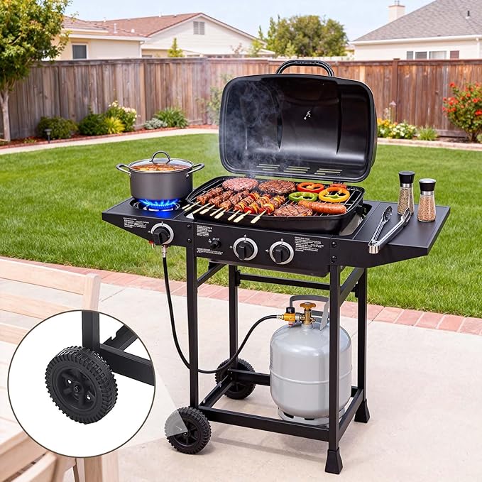 Unovivy 2-Burner Portable Propane Gas Grill with Side Burner, BBQ Grill with Built-in Thermometer, 24,000 BTU Small Camping Barbecue Grills with Oil Tray for Outdoor Cooking, Patio, Garden