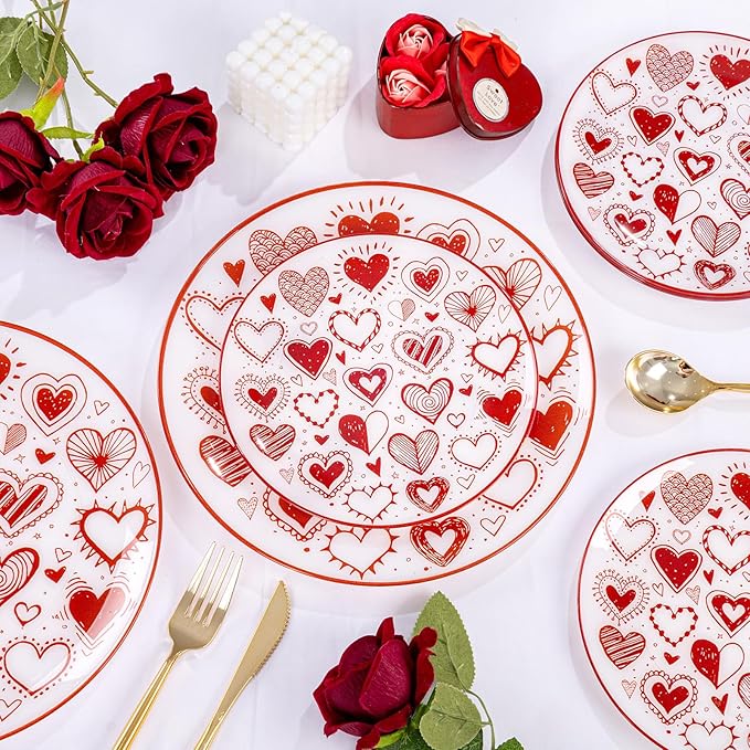 U-QE 20Pcs Red Plastic Plates - Diamond Heart Plates Disposable Heavy Duty, Fancy Love Pattern Perfect for Weddings, Parties, Valentine's Day - 10.25" Dinner Plate & 7.5" Dessert Plate
