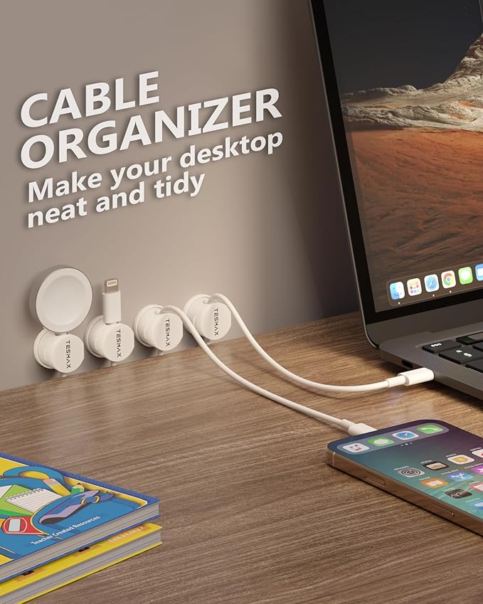 Magnetic Cable Clips 360° Rotation Cord Holder, 12 Pack Cord Organizer 1s Lock Cable Smooth Adjustable Desk Organizers and Accessories, Adhesive Cord Clips for Nightstand,Phone,Wall,Car,Home Office